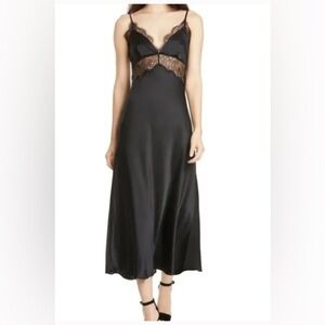 WAYF Lace Trimmed Satin Midi Slip Dress in Black